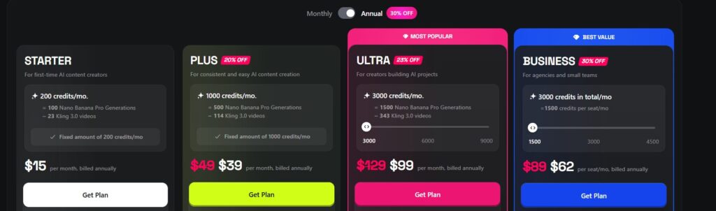 Higgsfield AI pricing and free plan details screenshot