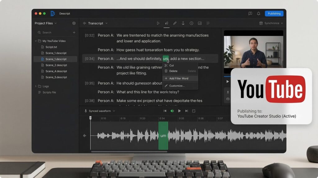 How to edit YouTube videos in Descript - complete tutorial interface showing text-based editing