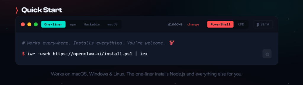 OpenClaw AI quick start install command for Windows PowerShell and macOS one-liner