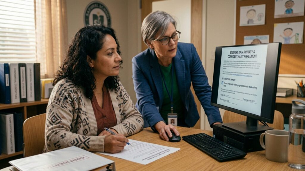 Parent and teacher reviewing AI IEP goal generator results together during an inclusive IEP meeting at school What to show Parent and teacher sitting to