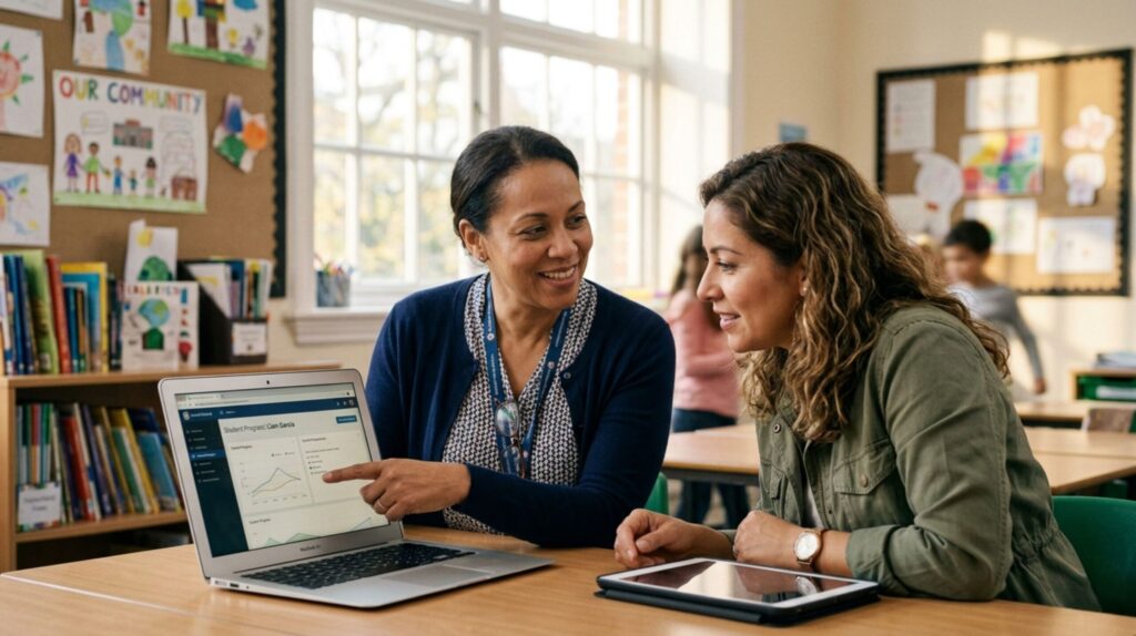 Teacher using AI IEP goal generator on laptop to create SMART goals for special education student