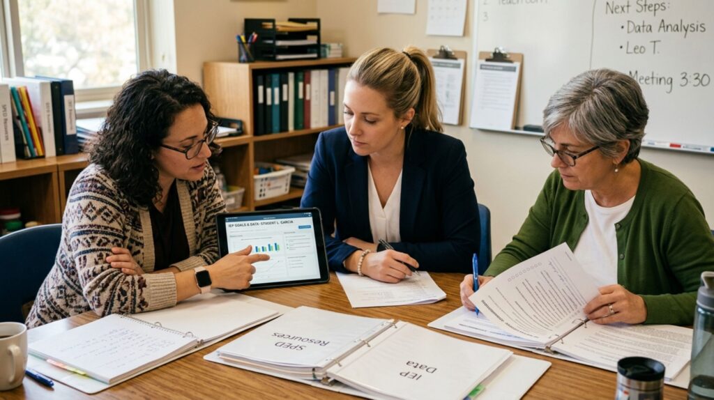 Educators collaborating on AI-generated IEP goals during a special education planning meeting with tablet and documents