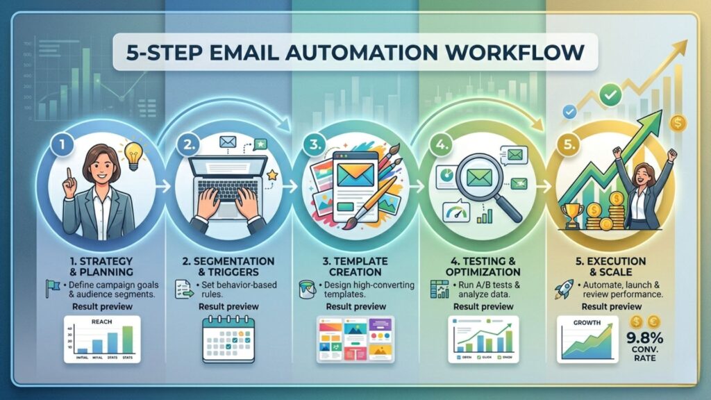 5-step process for building hybrid email automation workflows: planning, trigger setup, email design, testing, and launch for maximum conversion