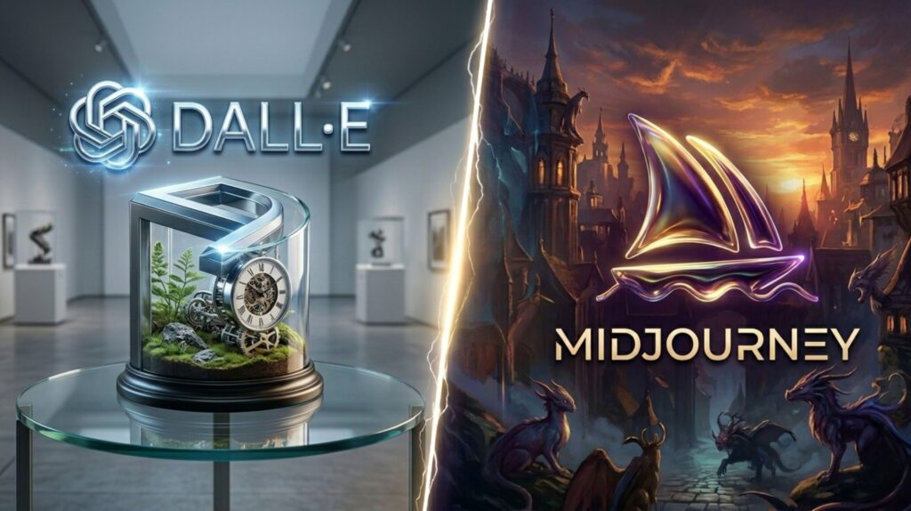 Midjourney vs DALL-E side-by-side comparison showing image quality differences from identical prompts