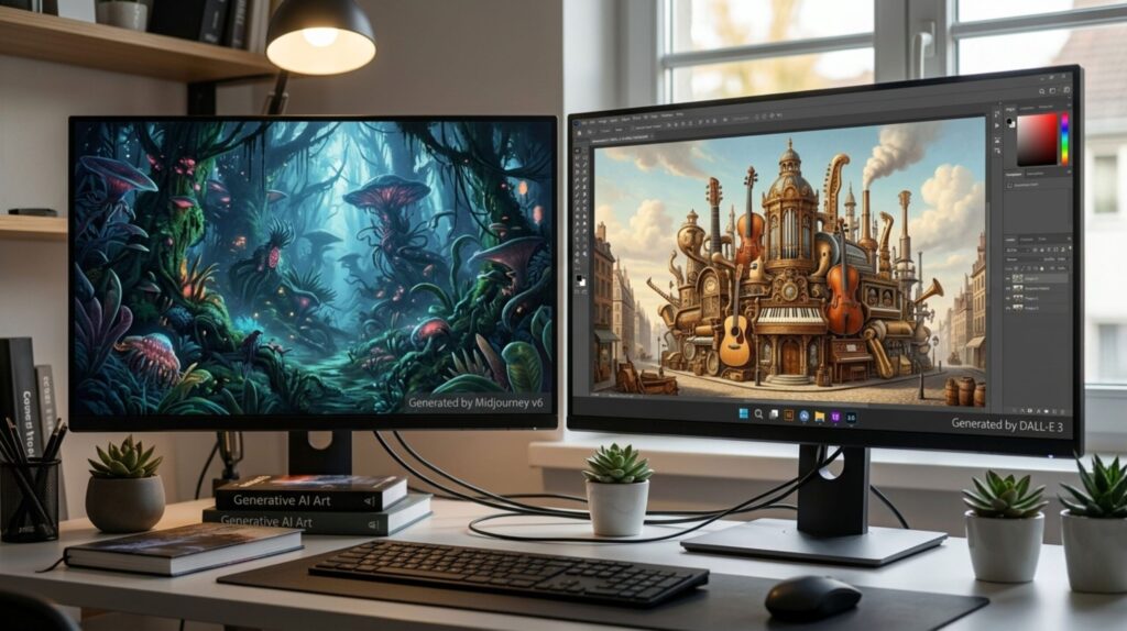 Midjourney vs DALL-E side-by-side comparison showing identical prompt results highlighting artistic versus photorealistic output quality