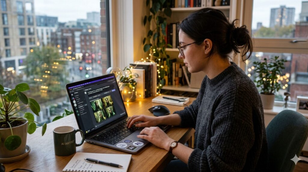 Creative professional working on computer using Midjourney vs DALL-E AI image generation software with multiple generated images displayed on screen