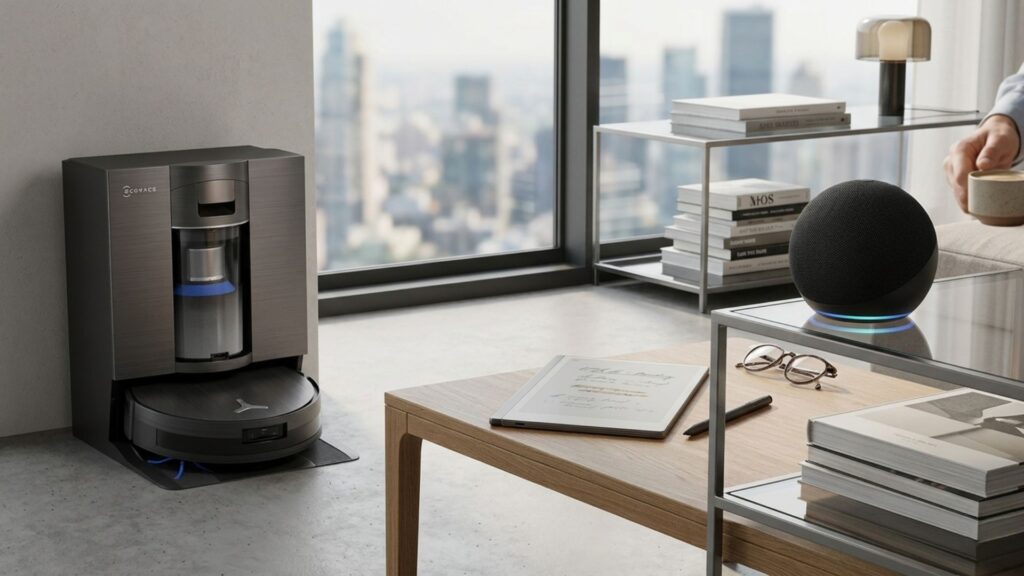 AI gadgets that save time displayed on modern desk including smart speaker, robot vacuum, and automated coffee maker