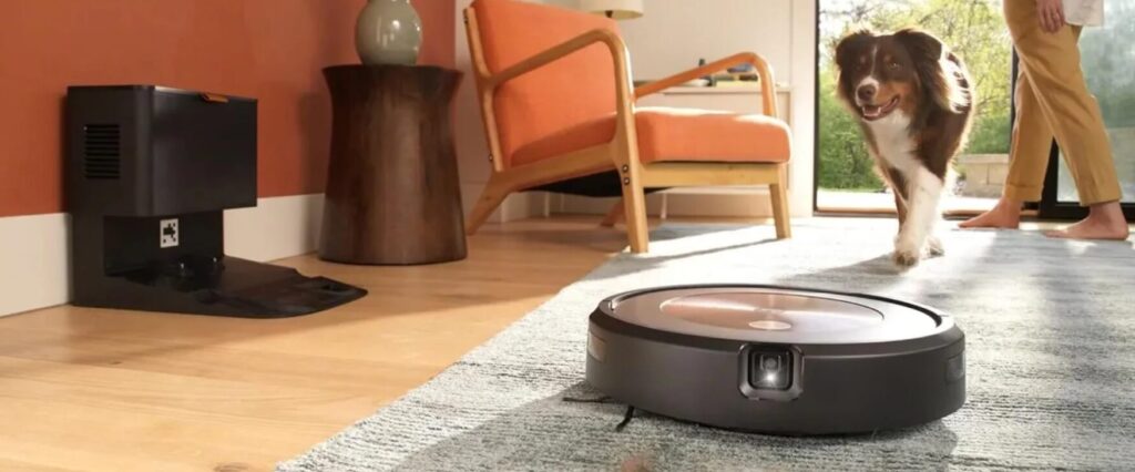 AI gadgets that save time - iRobot Roomba j9+ robot vacuum cleaning hardwood floor with self-emptying base station