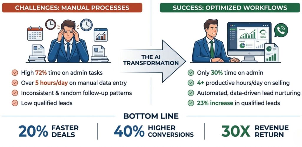 AI sales automation ROI comparison chart showing before and after metrics including 72 percent time savings, 20 percent faster deal cycles, 23 percent more qualified leads, and 30x monthly revenue return