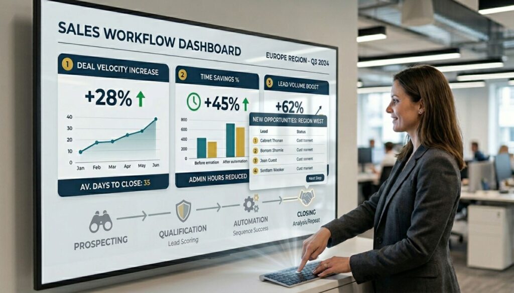 AI sales automation workflow showing lead scoring, CRM enrichment, and predictive analytics for faster deal closure