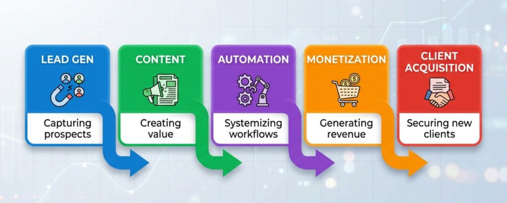 AI tools for solopreneurs 5-layer revenue system diagram showing lead generation content automation monetization and client acquisition