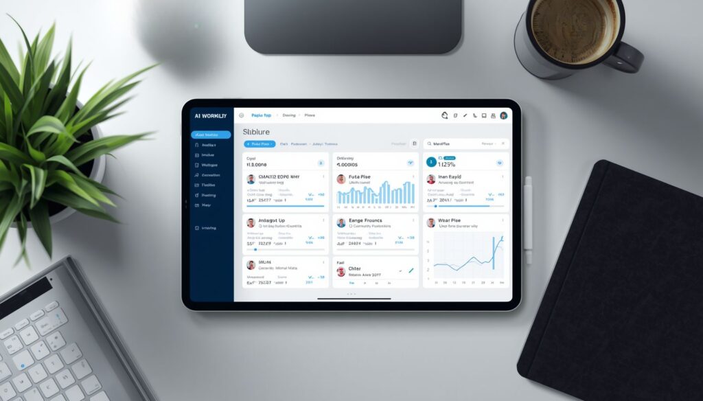 AI workflows for small business dashboard showing automated tasks saving time with productivity metrics and workflow automation tools