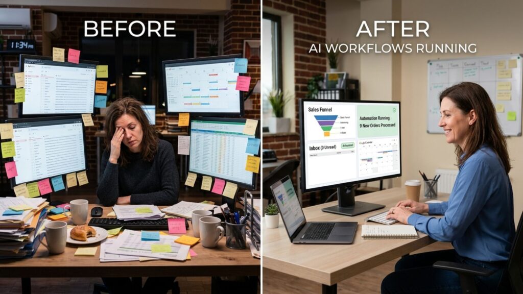 Small business owner overwhelmed by manual tasks before implementing ai workflows for small business automation