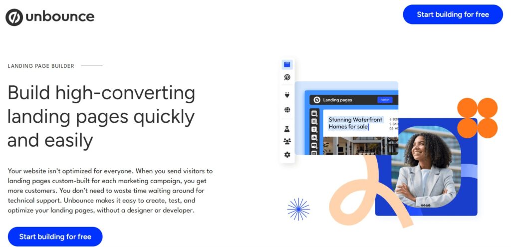Unbounce landing page builder for AI tools solopreneurs showing high-converting templates and A/B testing features