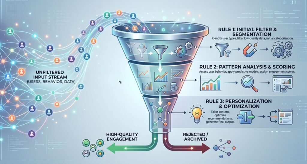 Diagram showing why the internet sounds the same through recommendation algorithm systems tracking user behavior and clustering patterns