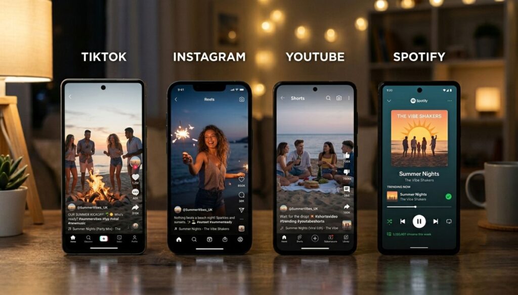 Visual comparison showing why the internet sounds the same across TikTok Instagram YouTube and Spotify with identical viral content