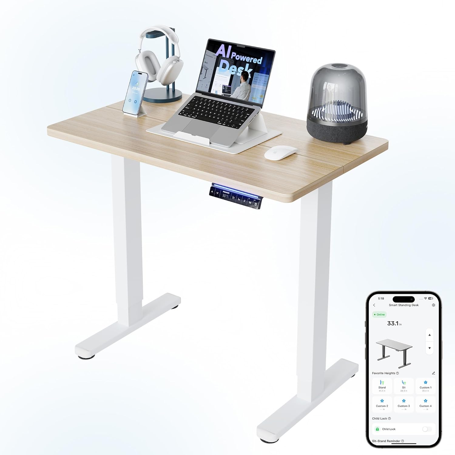HUANUO AI-powered standing desk with app-controlled ergonomic presets for home office