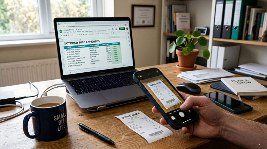 An AI expense tracker scanning a small business receipt and organizing the data automatically.