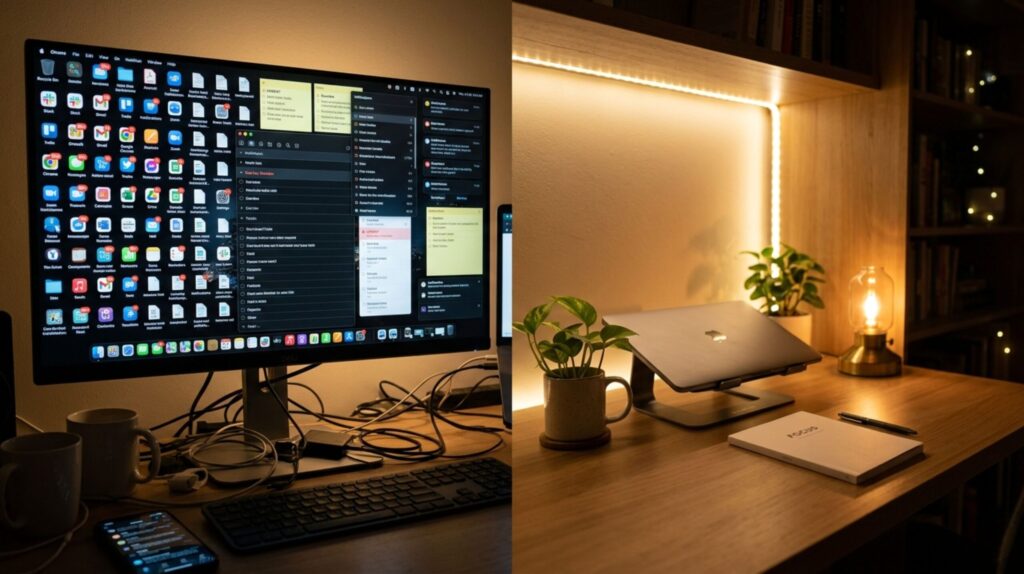 Solopreneur overwhelmed by AI productivity tools experiencing digital burnout at a cluttered workspace
