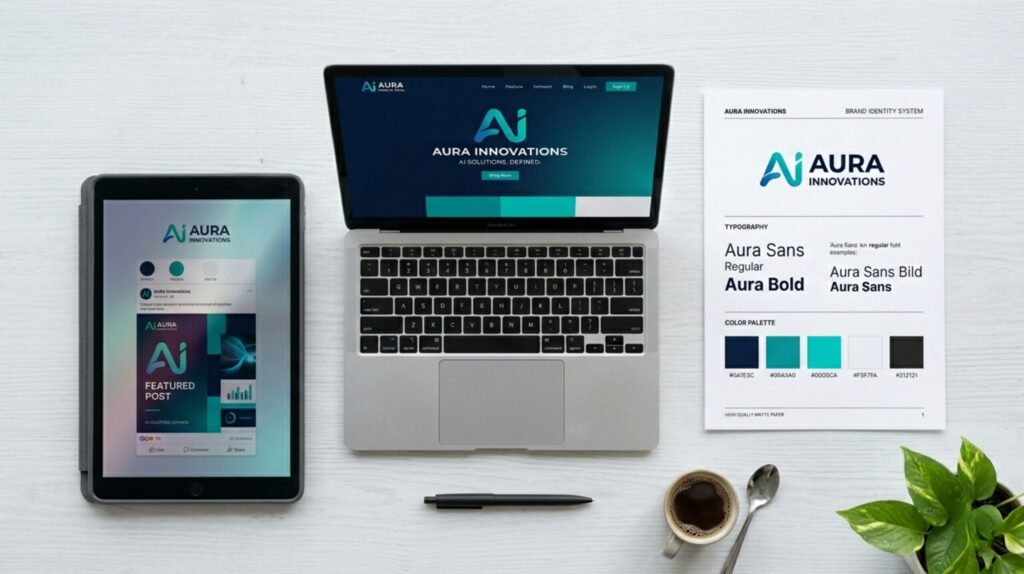 A brand style guide and AI design tools displaying consistent visual elements for solopreneurs