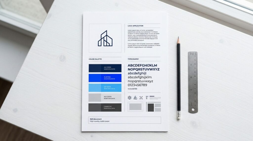 A clean brand foundation document with color swatches and typography specimens — the starting point for consistent AI visual branding