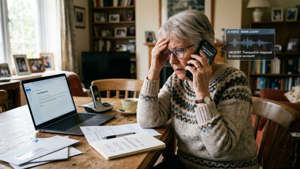 Illustration showing how AI voice cloning scams turn a short audio clip into a fake phone call