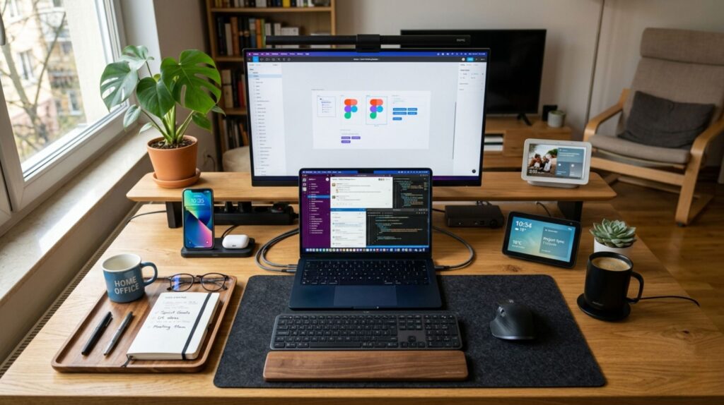 Best AI gadgets for working from home including a webcam, noise-cancelling headset, and smart display on a modern home office desk