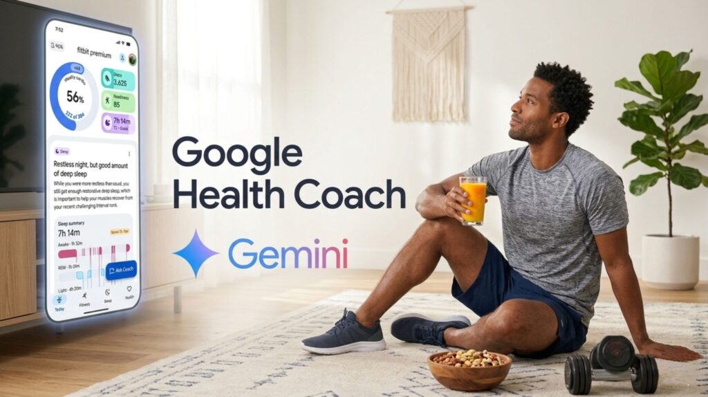 Google Fitbit Air synced with Gemini AI Health Coach showing sleep and recovery dashboard