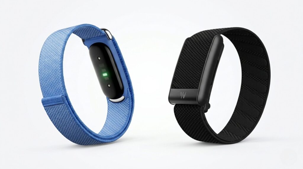 Google Fitbit Air and whoop screenless wearable worn during daily activity showing minimalist band design