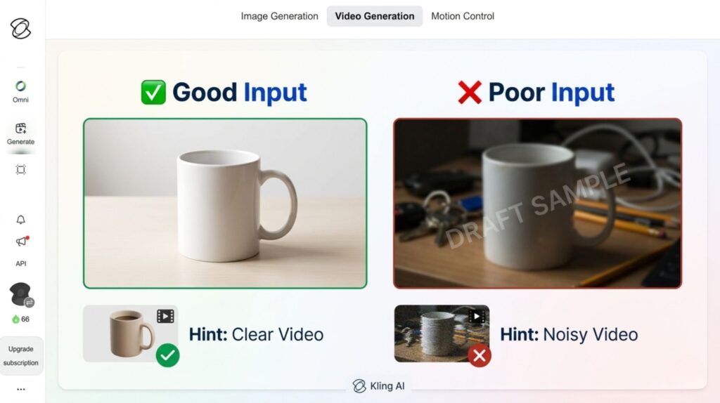 Side-by-side comparison of a good and poor source image for Kling AI photo to video generation showing output quality difference.