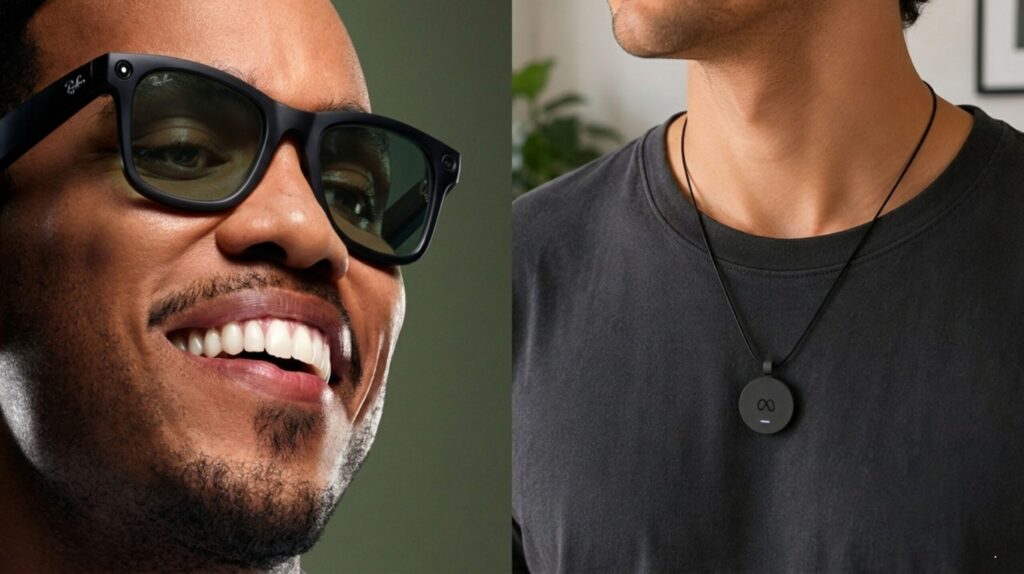 Meta AI pendant shown beside a pair of Meta smart glasses on a desk