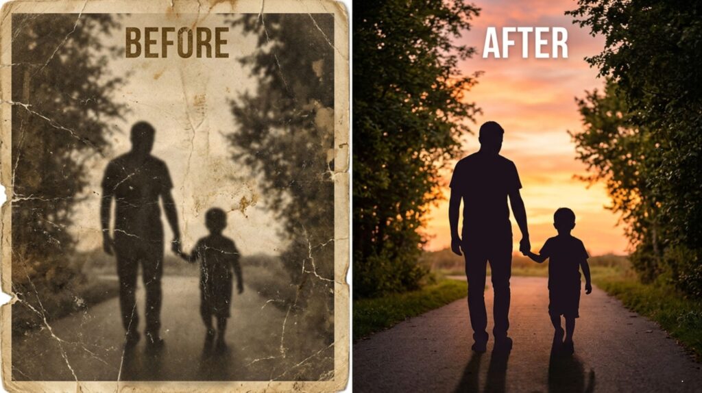 estore old photos with AI — before and after comparison of a damaged vintage photo