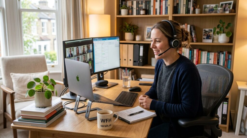 Remote worker in home office on video call - best AI gadgets for working from home setup with headset and monitor