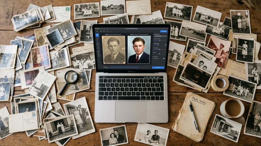 Restore old photos with AI — side-by-side comparison of a damaged vintage photo fully repaired using AI tools