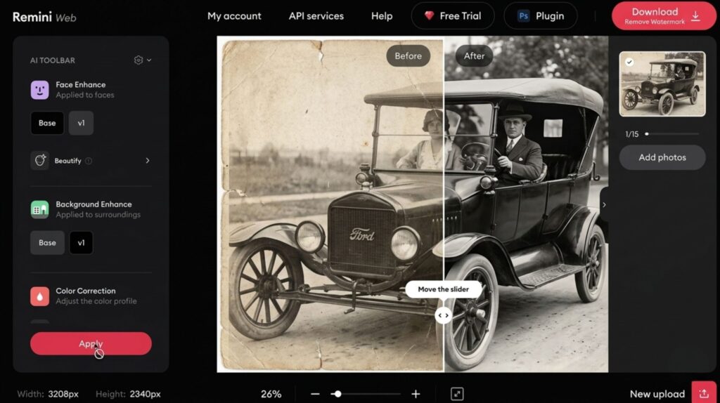 Restore old photos with AI using Remini — removing scratches with the brush tool