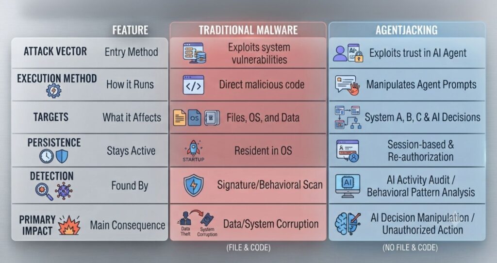 Diagram comparing agentjacking to traditional malware, showing no file or code involved
