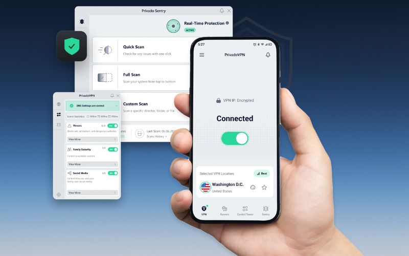AI app permissions privacy toolkit showing VPN, password manager, and local-storage camera