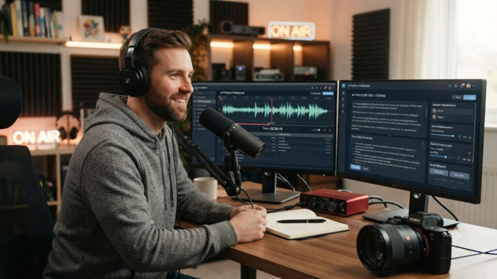Podcast host using an AI podcast workflow to edit and repurpose episode audio
