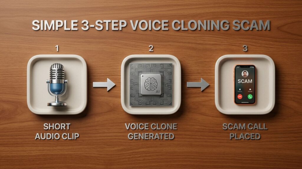 Diagram showing the steps of an AI voice cloning scam from audio sample to phone call