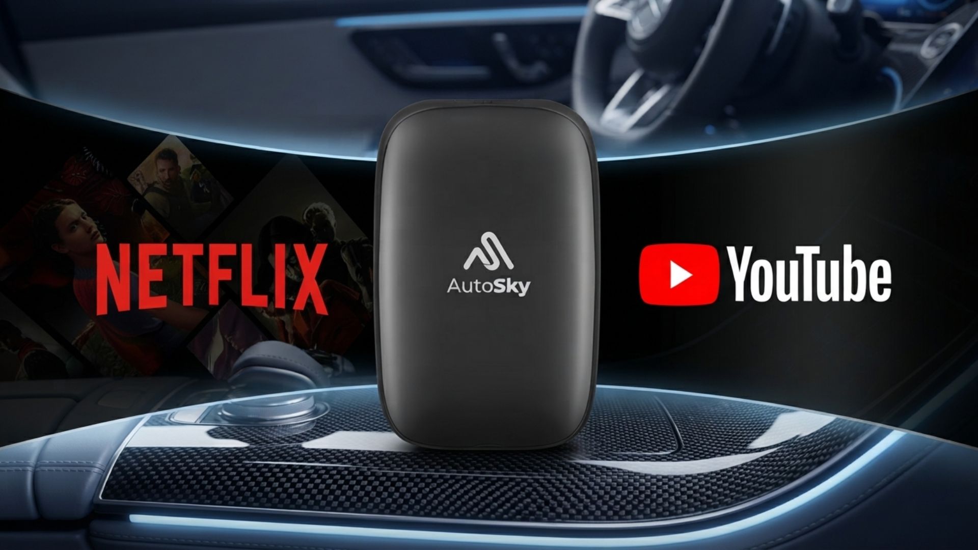 AutoSky AI Box Lite wireless CarPlay adapter running on a car infotainment screen