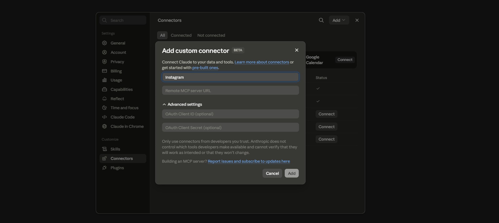 Claude connector settings used to connect Claude to Instagram through an MCP server