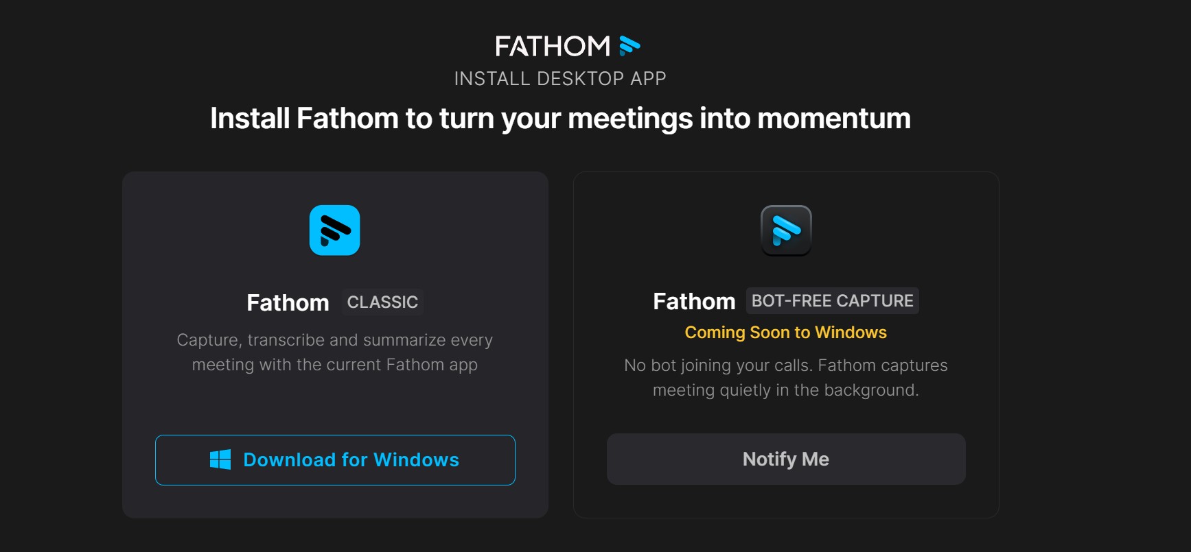 Fathom desktop app download screen shown during Fathom AI setup for Windows and Mac