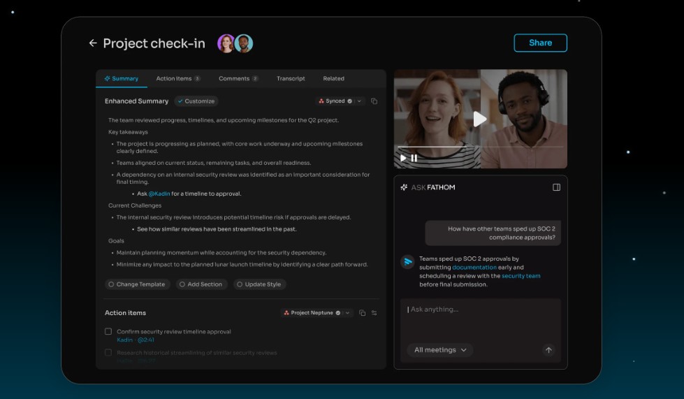 Fathom dashboard during Fathom AI setup showing a meeting summary and action items