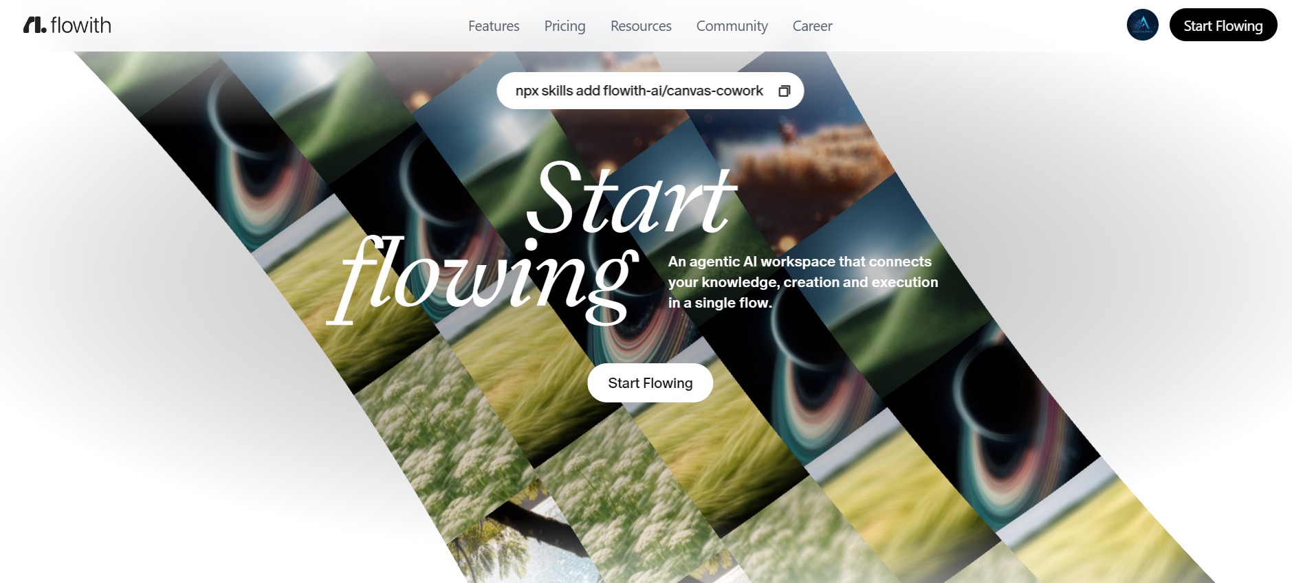 Flowith AI homepage and canvas workspace overview