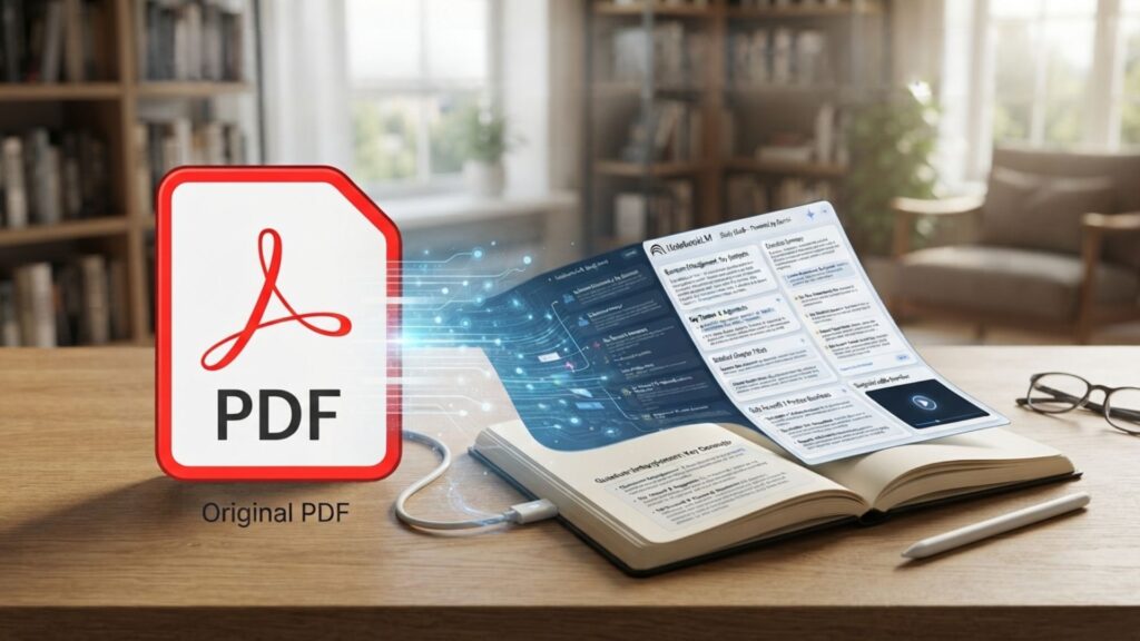 Student turning a PDF into a NotebookLM study guide using Gemini AI