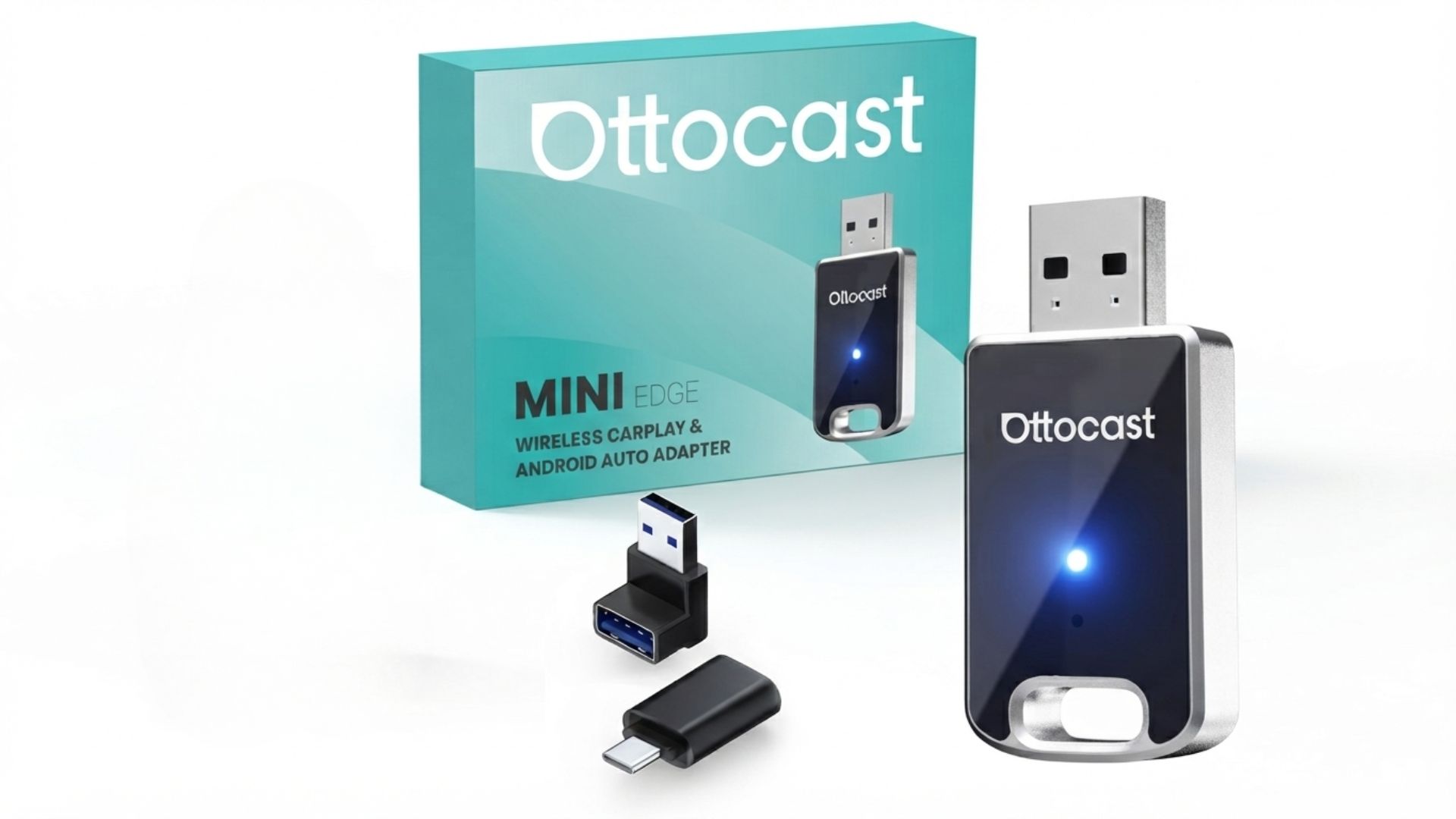 OTTOCAST Mini Edge wireless CarPlay adapter plugged into a car USB port