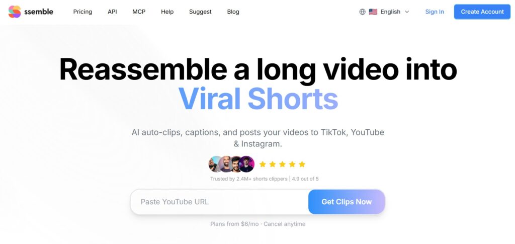 Ssemble AI homepage showing the AI video clipping tool for viral shorts