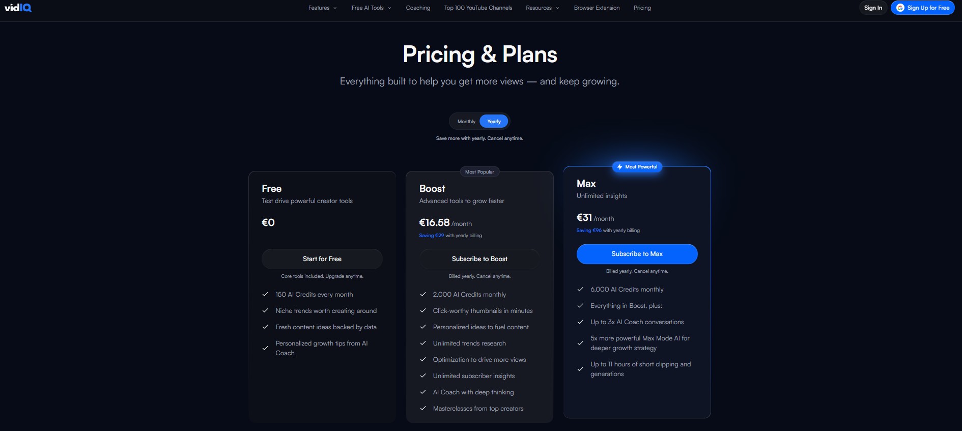 vidIQ pricing plans screenshot verified July 2026
