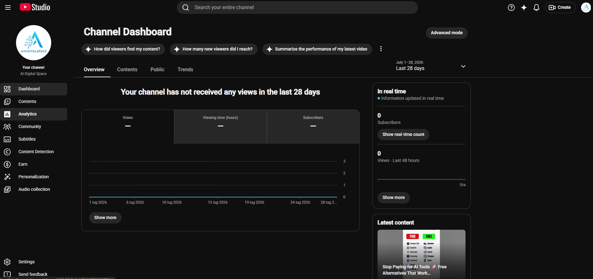 YouTube Studio analytics dashboard showing reach engagement and audience panels