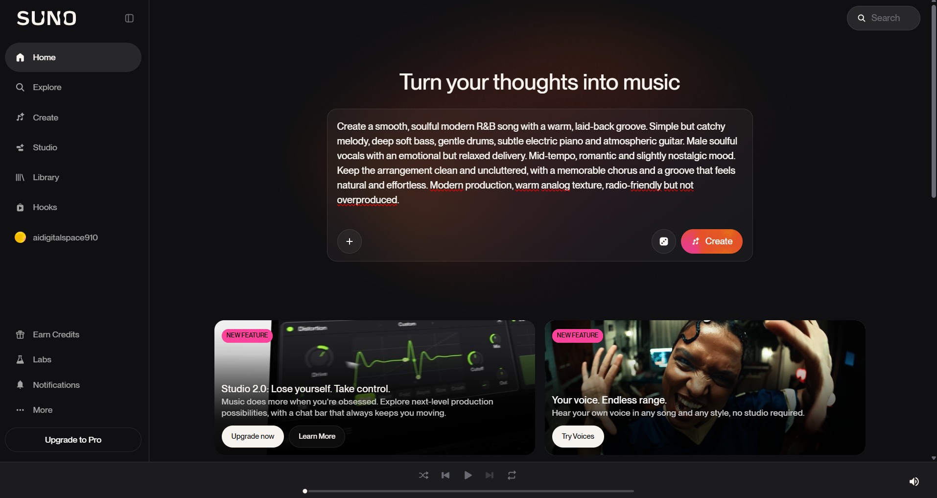AI music generator interface showing a text prompt creating a full song with vocals and instruments